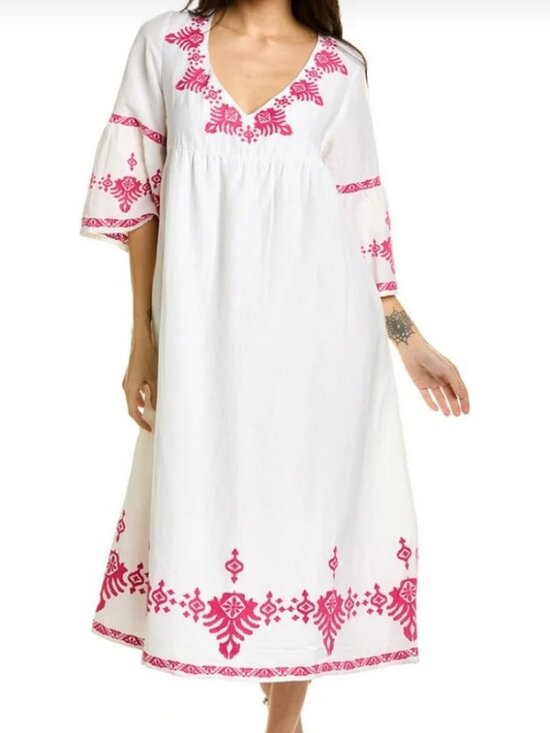 Tommy Bahama Dresses & Skirts - Tommy Bahama Embroidered Linen Bell Sleeve Midi Dress Cover Up Pockets Small